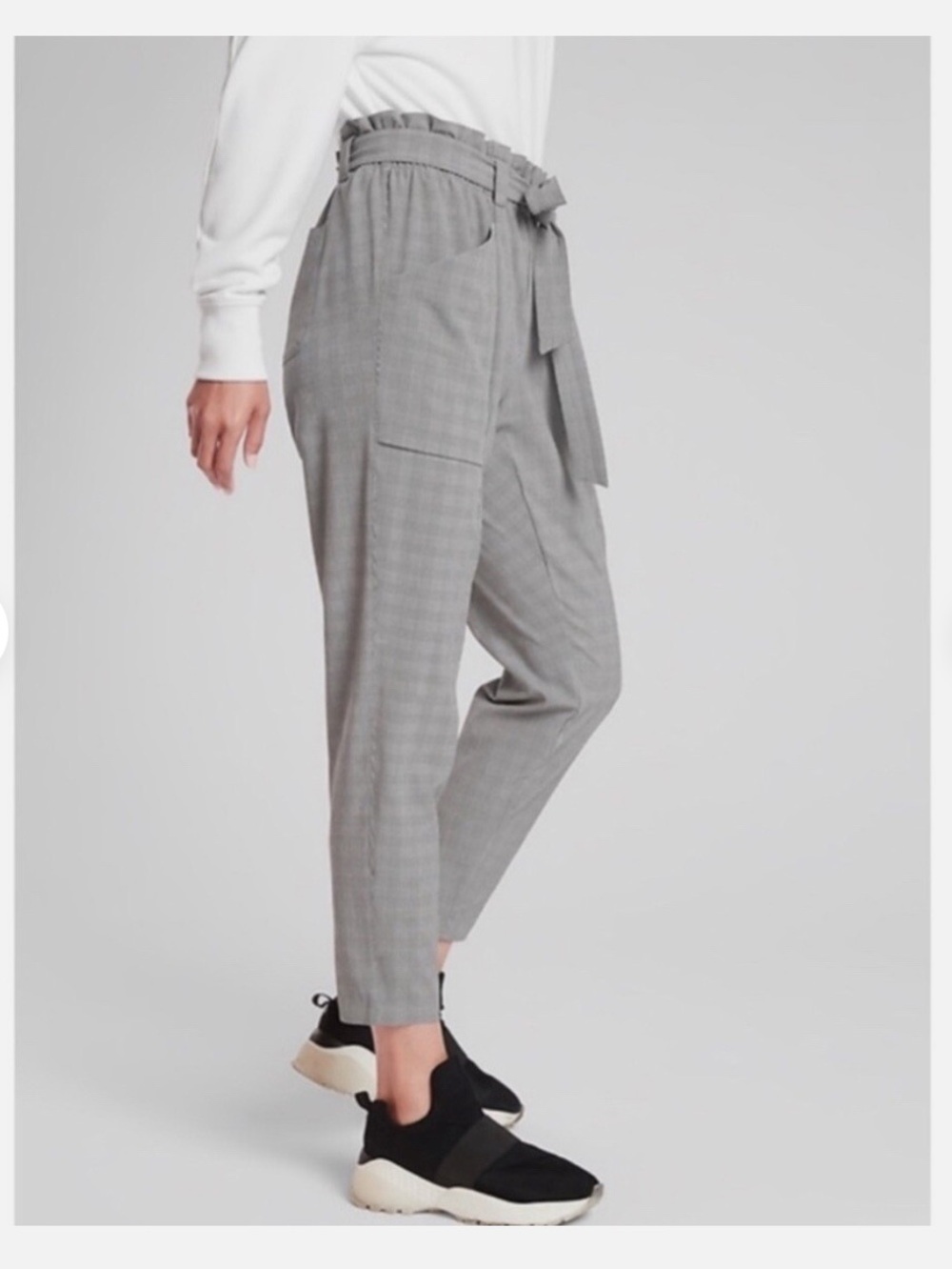 Athleta Skyline Gray Plaid Paperbag Waist Trousers with Tie Belt